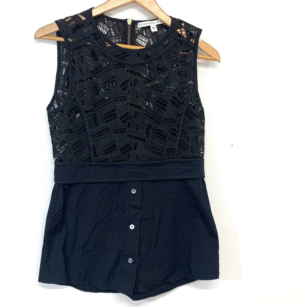 Veronica Beard Black Lace Mixed Media Sleeveless Top Back Expose‎ Zipper Size 2